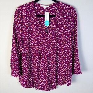 NWT Fun2Fun Womens L Maley Pleated Top Purple Floral Long Sleeve Boho Cottage‎